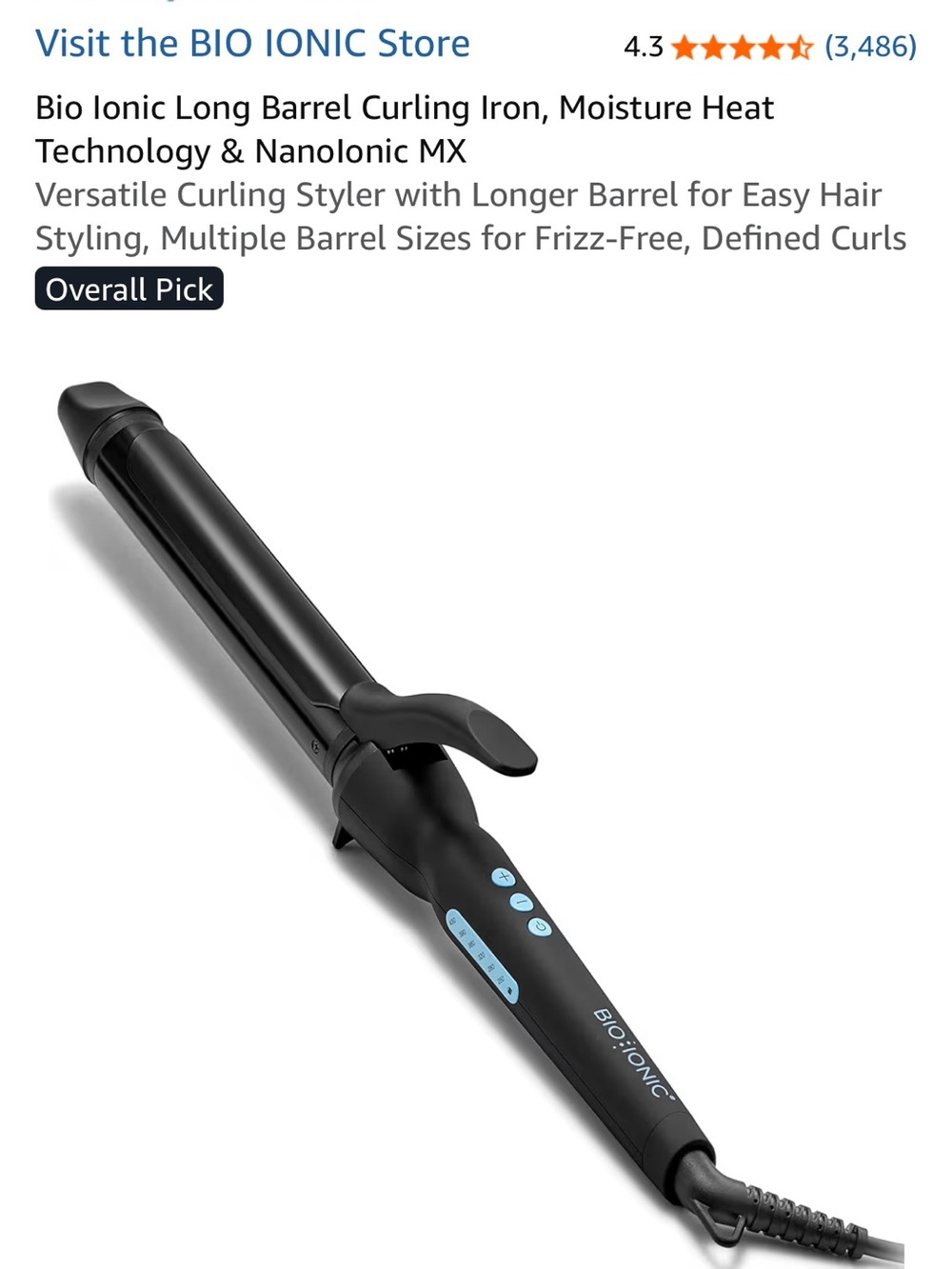 Bio Ionic Black Long Barrel Curling Iron - Smooth Defined Curls